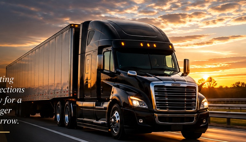 Illustrative black semi-truck on a sunlit highway